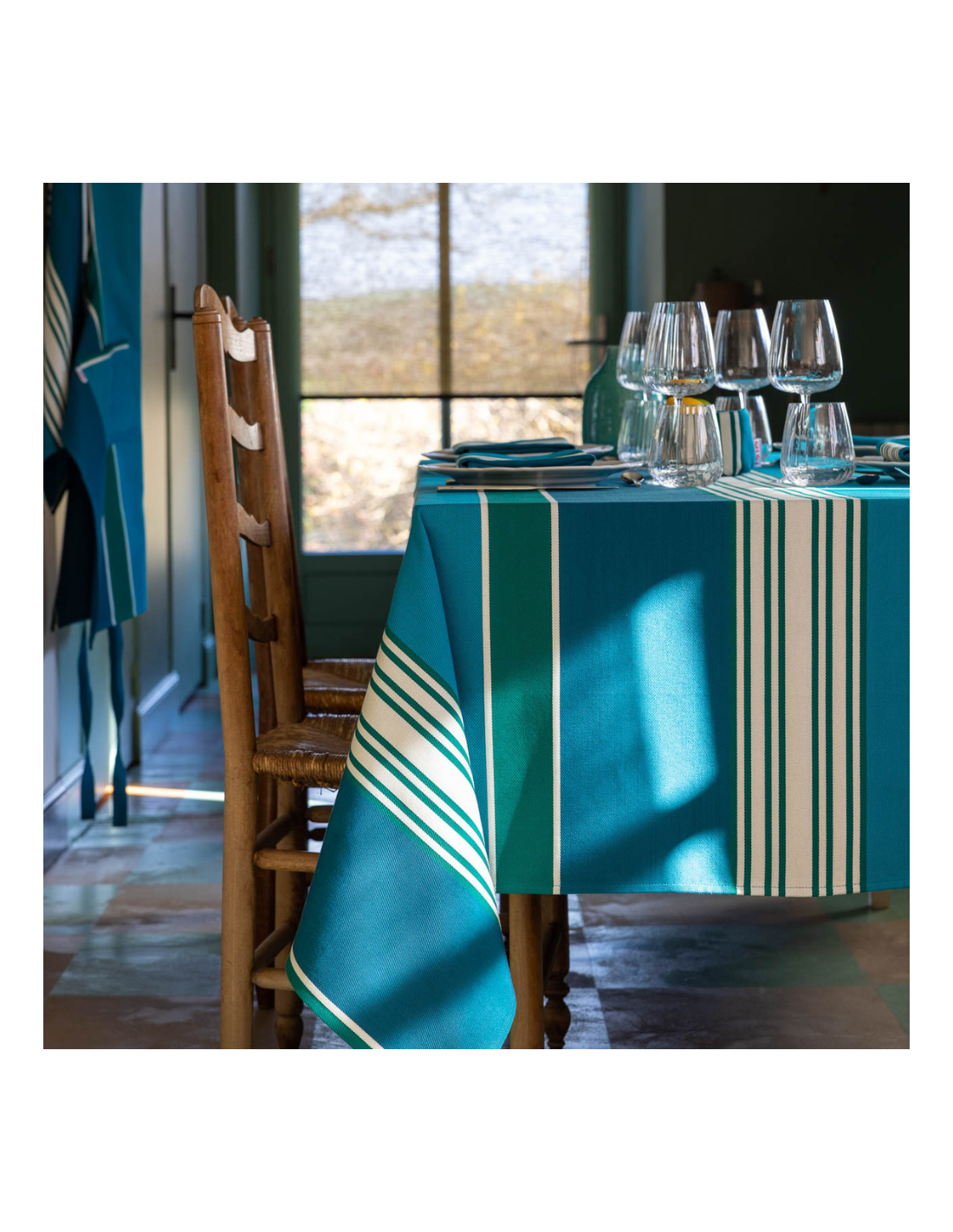 Basque tablecloth Eneko with green blue stripes ready to hang cotton